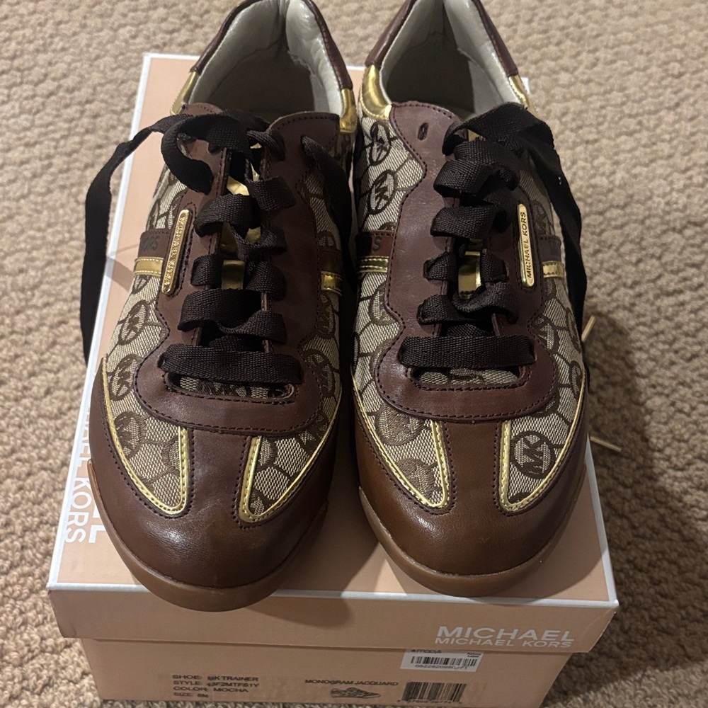 Michael Kors Logo Patterned Brown and Gold Sneakers